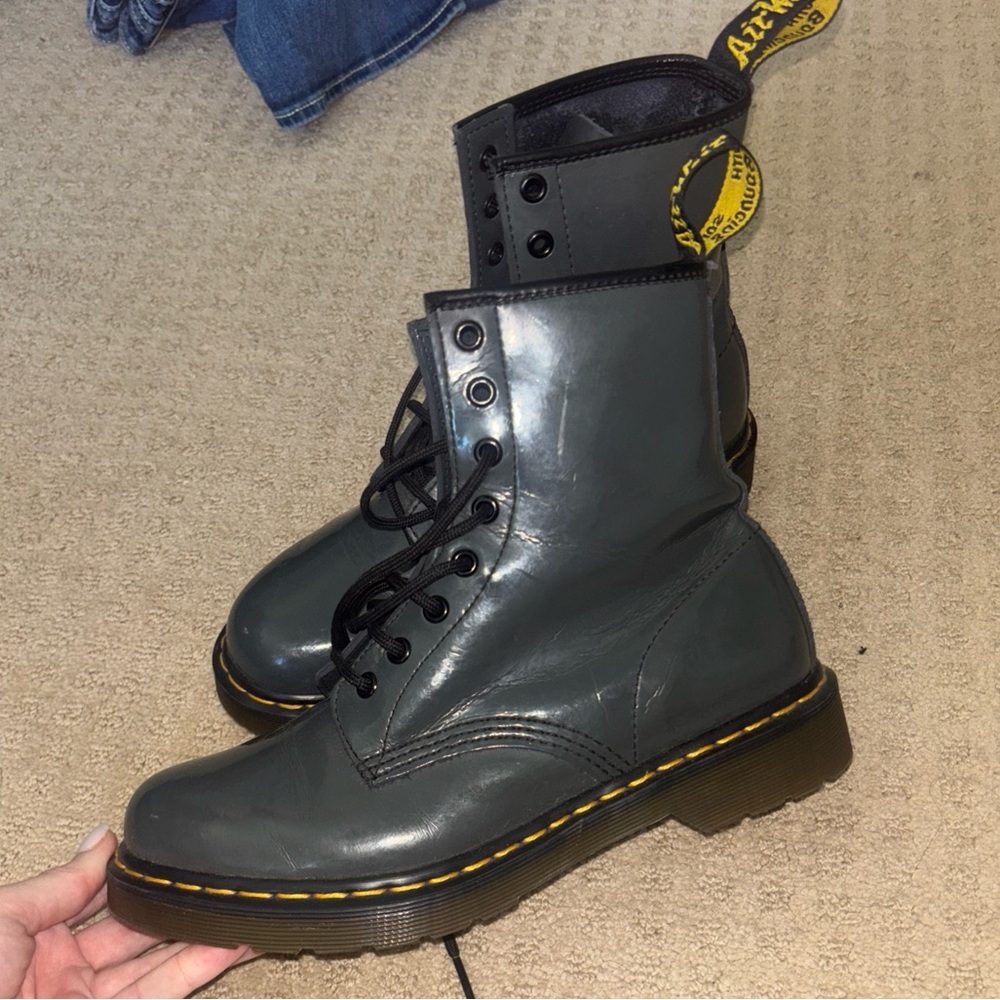 Dr. Martens 8-Eye Lace-Up Boots in Slate Gray with Yellow Stitching